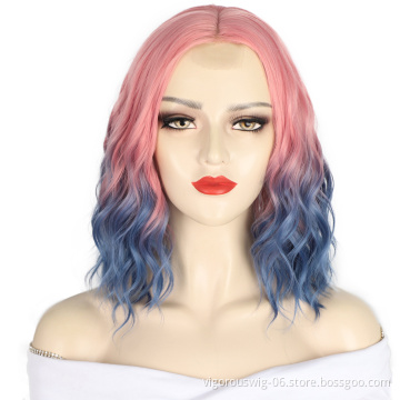 Vigorous High Quality Heat Resistant Ombre Pink To Blue Curly High Fiber Lace Front Cheap Women Wig Synthetic Hair